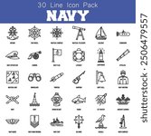 Clean, precise Navy icons with detailed outlines, representing naval elements like ships, anchors, and sailors in minimalist design.