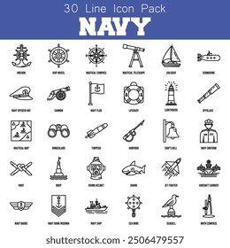 Clean, precise Navy icons with detailed outlines, representing naval elements like ships, anchors, and sailors in minimalist design.