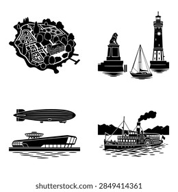 A clean and precise vector map silhouette of Lake Constance, also known as Bodensee. This geographical outline represents the lake situated at the foot of the Alps, where Germany, Austria, and Switzerland meet. It is a highly accurate representation suitable for cartography and travel design.