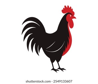 A clean and precise vector silhouette of a bantam chicken, showcasing its small size, upright posture, and distinct feathered tail. The minimalist design is ideal for farm-related graphics, logos, 