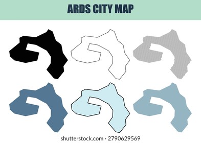 A clean presentation of Ards City map outlines in solid lined and stock styles. Perfect for urban planning or regional analysis. Offers versatile graphic applications.