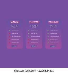 Clean Price Table Template for Website and Applications.Pricing or subscription plan ui web elements.Website marketing or promotion interface template.