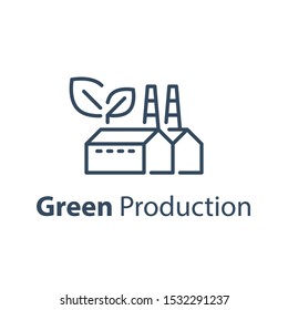 Clean Production Concept, Eco Friendly Factory, Green Energy, Waist Recycling Plant, Pollution Free Industry, Vector Line Icon