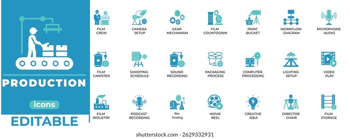 Clean production icons for industry, workflow, and factory concepts