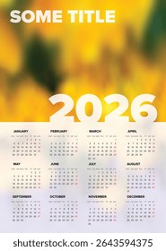 Clean and professional 2026 calendar template, perfect for planning your schedule for the year 2026. This printable calendar design with a photo placeholder background serves as a great 2026 calendar