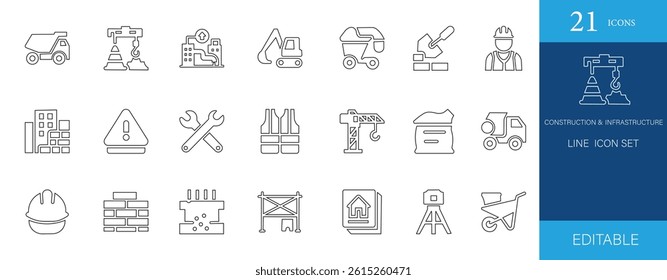 A clean and professional 21 Construction and Infrastructure Line Icons set, perfect for industry, architecture, tools, builders, and development projects. Fully editable and easy to use.