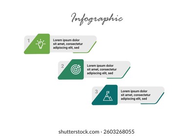 Clean and professional 3-step infographic for business presentations, brochures, and marketing process visualization.