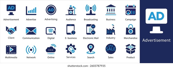A clean and professional advertisement icon set for business, marketing, and digital media. Perfect for web, mobile, and branding projects. Fully scalable and easy to customize.