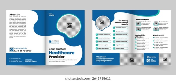 Clean and Professional Bifold Brochure Template for Medical and Healthcare Services, Suitable for Hospital Branding and Company Profile Design