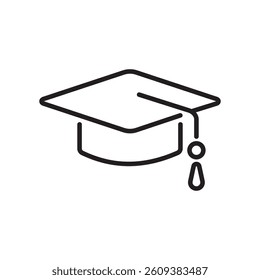 A clean and professional black outline of a graduation cap with a tassel. Suitable for modern interfaces, school-themed branding, and digital learning platforms.