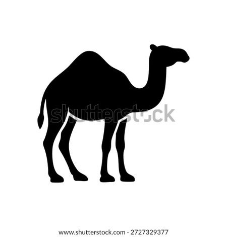 A clean and professional black silhouette of a dromedary camel, featuring a realistic animal profile with a single hump. This minimalist desert wildlife graphic is ideal for travel branding, middle eastern themes, educational materials, or logo design. The high-contrast silhouette ensures excellent visibility for both digital and print projects.