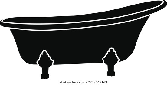 A clean and professional black silhouette vector illustration of a classic clawfoot bathtub. This minimalist plumbing graphic captures the essence of relaxation, self-care, and elegant interior design, making it a high-value asset for the home decor, hospitality, and renovation industries. The design features a traditional deep tub with stylized metallic-style feet, ensuring immediate recognition as a universal symbol for a luxury spa or bathroom remodel. The high-quality scalable vector is an ideal choice for vinyl cutting hardware like Cricut and Silhouette used to produce bathroom wall decals, personalized gifts for new homeowners, and custom stickers for interior designers. Conceptually, the imagery represents comfort, cleanliness, and the sophisticated atmosphere of a high-end retreat. The stark black fill ensures high visibility across various applications, including printed brochures for contractors, e-commerce icons for plumbing fixtures, and digital assets for lifestyle apps focused on wellness. This high-resolution scalable asset ensures that the characteristic curves of the tub and the detail of the feet remain sharp at any size, providing a professional and inviting visual for all contexts related to hospitality and the domestic arts, capturing the timeless appeal of a traditional bath with a modern finish.