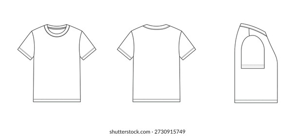 Vetor plano técnico de t-shirt em branco limpo e profissional mostrando vistas frontais, traseiras e laterais, perfeito para designers de moda, marca de vestuário, maquetes de roupas e apresentações de produção de vestuário.