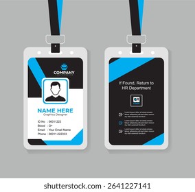 Clean and Professional Blue and Black ID Card Vector Template for Employees