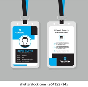 Clean and Professional Blue and Black ID Card Vector Template for Employees