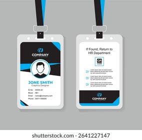 Clean and Professional Blue and Black ID Card Vector Template for Employees
