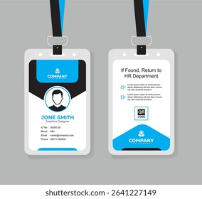 Clean and Professional Blue and Black ID Card Vector Template for Employees
