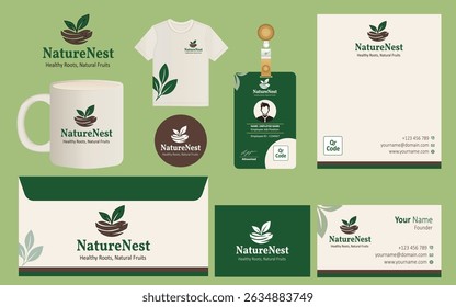 A clean and professional brand identity template featuring nature-inspired elements. Includes editable vector files for business cards, letterheads, envelopes, and more—ideal for eco-conscious busines