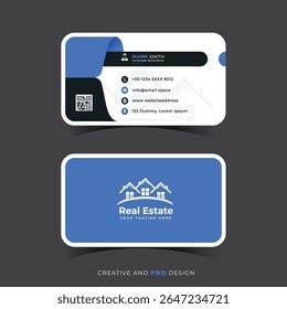 Um cartão de visita limpo e profissional para um profissional imobiliário com detalhes de contato um QR code e um logotipo proeminente da casa em um fundo azul.