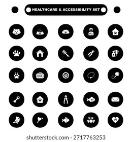 A clean and professional circular icon set focused on animal care, veterinary services, grooming, and wellness support. Designed in a modern minimalist flat vector style, these icons are suitable for veterinary clinics, animal hospitals, care service websites, mobile applications, UI,UX interfaces, presentations, and digital healthcare platforms. Fully editable vector icons isolated on a white background for commercial and professional use.