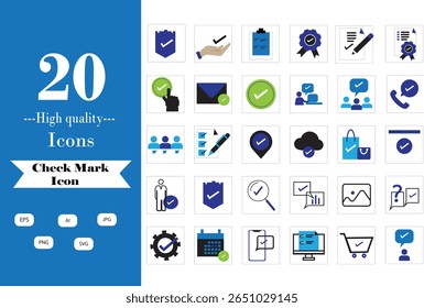 A clean and professional collection of 20 high-quality check mark icons, perfect for presentations, UI UX designs, apps, and websites.