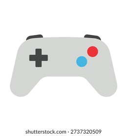 A clean and professional flat design vector illustration of a classic video game controller. Featuring a light grey body, a black directional pad (D-pad), one red action button, one blue action button, and two black shoulder buttons, this minimalist joypad icon is perfect for gaming blogs, e-sports branding, app interface designs, and entertainment-themed digital graphics.