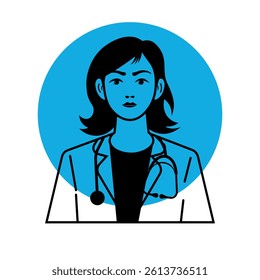 A clean and professional flat-style vector illustration of a female doctor. The doctor is shown wearing a lab coat and a stethoscope around her neck, set against a circular blue background.
