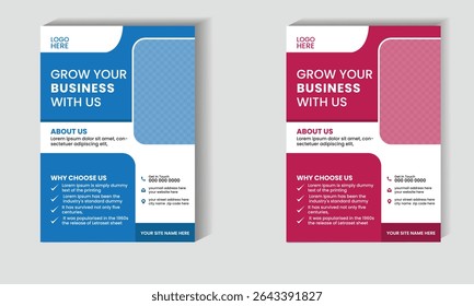 Clean and professional flyer template ideal for promoting business or agency services. Includes sections like about us, services, and contact information in two color options. 