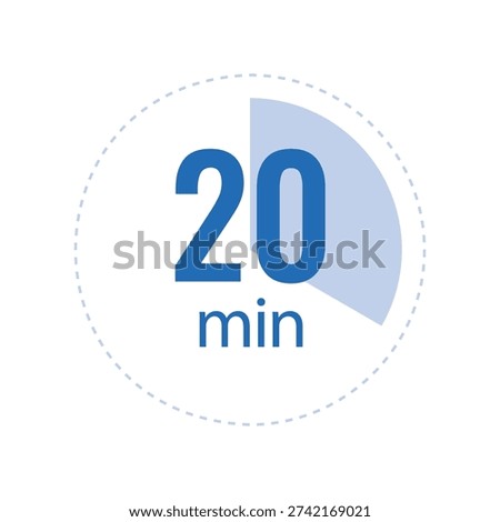 A clean professional graphic representation of a 20 minute time interval featuring blue text and a shaded clock sector on a white background.