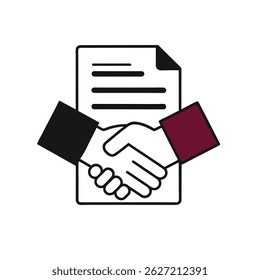 Ícone de aperto de mão limpo e profissional simbolizando acordo, parceria e compreensão mútua, colocado sobre um fundo branco. Esta ilustração vetorial é ideal para uso em apresentações comerciais,