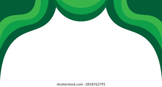 A clean, professional, and high-visibility vector illustration of an abstract green curtain frame background. The modern design features layered fluid waves shaped like a top stage curtain or decorative arch in shades of forest green, emerald, and bright lime green, framing a large open white space below for text or graphics. This highly versatile graphic element beautifully visualizes theater stage curtains, event banners, presentation covers, invitation borders, Islamic holiday greetings, and creative website headers. It is perfectly tailored for event promotion, presentation slides, certificate borders, social media graphics, and contemporary vector art