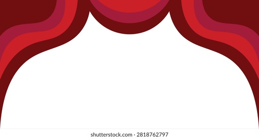 A clean, professional, and high-visibility vector illustration of an abstract red curtain frame background. The modern design features layered fluid waves shaped like a top stage curtain or decorative arch in deep shades of dark maroon, crimson red, and magenta, framing a large open white space below for text or graphics. This highly versatile graphic element beautifully visualizes theater stage curtains, festive event banners, presentation covers, invitation borders, grand opening displays, and creative website headers. It is perfectly tailored for event promotion, presentation slides, certificate borders, social media graphics, and contemporary vector art