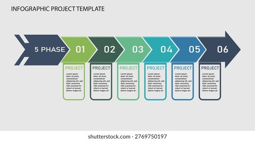 A clean and professional horizontal infographic template designed to illustrate a 6-step project management process or business workflow. The graphic features a large, segmented arrow with chevron-style transitions, moving from left to right to represent progression and momentum. Each of the six stages is color-coded in a sophisticated palette of greens, teals, and blues, and includes numbered headers with corresponding text boxes below for detailed descriptions. This versatile vector layout is ideal for corporate presentations, strategic roadmaps, educational materials, and marketing timelines where a clear, logical sequence of actions needs to be communicated effectively
