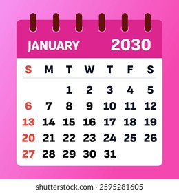 Clean and professional January 2030 calendar with a modern pink theme. Perfect for new year resolutions, business planning, and daily scheduling