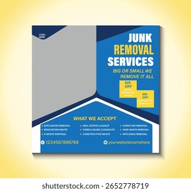 Clean and professional junk removal services social media post template with bold visuals, contact info, and modern layout. Ideal for waste clearance, hauling, or debris removal promotions.