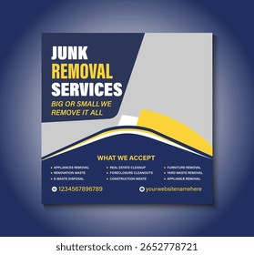 Clean and professional junk removal services social media post template with bold visuals, contact info, and modern layout. Ideal for waste clearance, hauling, or debris removal promotions.