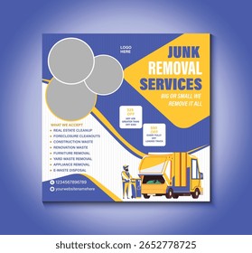 Serviços de remoção de lixo limpo e profissional modelo de postagem de mídia social com imagens em negrito, informações de contato e layout moderno. Ideal para a remoção de resíduos, alagem ou promoções de remoção de detritos.