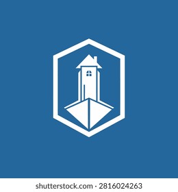 Clean and professional lighthouse logo set within a white hexagonal frame against a blue background. Ideal for guidance, maritime, or security businesses.