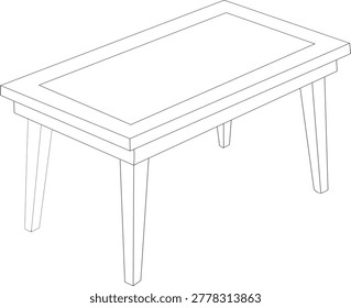 A clean and professional line art illustration of a modern rectangular coffee table. This minimalist vector outline features a sleek wooden texture design and four tapered legs, representing contemporary home furniture. It is perfect for interior design catalogs, home decor graphics, architectural sketches, or as a simple coloring page for creative projects.