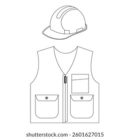 A clean and professional line art vector illustration of essential construction worker safety gear, featuring a hard hat and a high-visibility vest with pockets and a zipper.