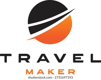 A clean, professional logo for "Travel Maker," featuring a circular emblem bisected by two dynamic, swooping white paths. The icon uses a high-contrast black and orange color split, symbolizing global motion and energy, paired with bold, modern sans-serif typography.