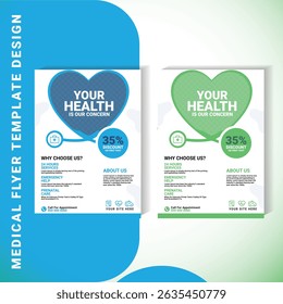 Clean and professional medical flyer design featuring a heart-shaped stethoscope, discount badge, and fully editable layout. Ideal for hospitals, clinics, and health centers to promote services.