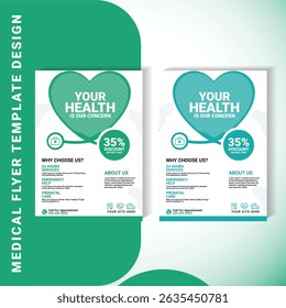 Clean and professional medical flyer design featuring a heart-shaped stethoscope, discount badge, and fully editable layout. Ideal for hospitals, clinics, and health centers to promote services.