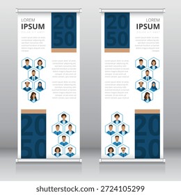 Modelos limpos, profissionais e modernos de banner retrátil, stand-up, X-banner com diversos funcionários de escritório ou pessoas corporativas em quadros hexagonais.