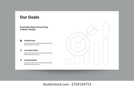 Um slide de apresentação limpo e profissional "Nossos objetivos" com um infográfico horizontal de 5 etapas. Este modelo foi projetado para mostrar os objetivos da empresa, as metas futuras e as metas comerciais. Inclui seções para desafio, abordagem estratégica, resultados esperados, metas de receita e foco no cliente. Design minimalista adequado para perfis corporativos e reuniões de estratégia.