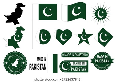 Colección de Vector de Pakistán limpia y profesional con variaciones de la bandera nacional, mapa del país, media luna y estrellas, y hecho en insignias de Pakistán. Ideal para diseños del Día de la Independencia, branding, etiquetas, packaging, Web y proyectos de impresión.