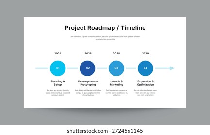 Plantilla de presentación de diapositivas de hoja de ruta de proyecto limpia y profesional. Diseñado para mostrar los plazos del proyecto, los hitos comerciales, el progreso trimestral, los objetivos estratégicos y las fases de implementación. Perfecto para gerentes de proyectos y ejecutivos corporativos para presentar calendarios de proyectos claros.