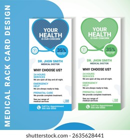 Clean and professional rack card template for medical or healthcare services. Features heart-shaped stethoscope graphics, discount badge, and customizable sections. Ideal for hospitals and clinics.