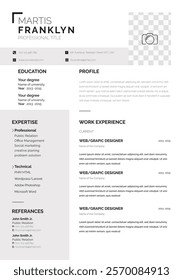 Clean and professional Resume or CV Design Template. This Resume is perfect for your job interview. All text, image, shapes, and other elements are well organized.