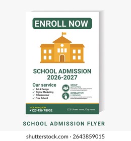 Clean and professional school admission flyer template designed for educational institutions promoting new student enrollment. Features modern layout with editable text sections for contact details.